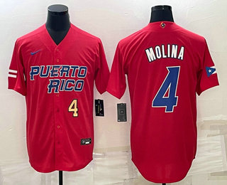 Mens Puerto Rico Baseball #4 Yadier Molina Number 2023 Red World Baseball Classic Stitched Jersey->2023 world baseball classic->MLB Jersey